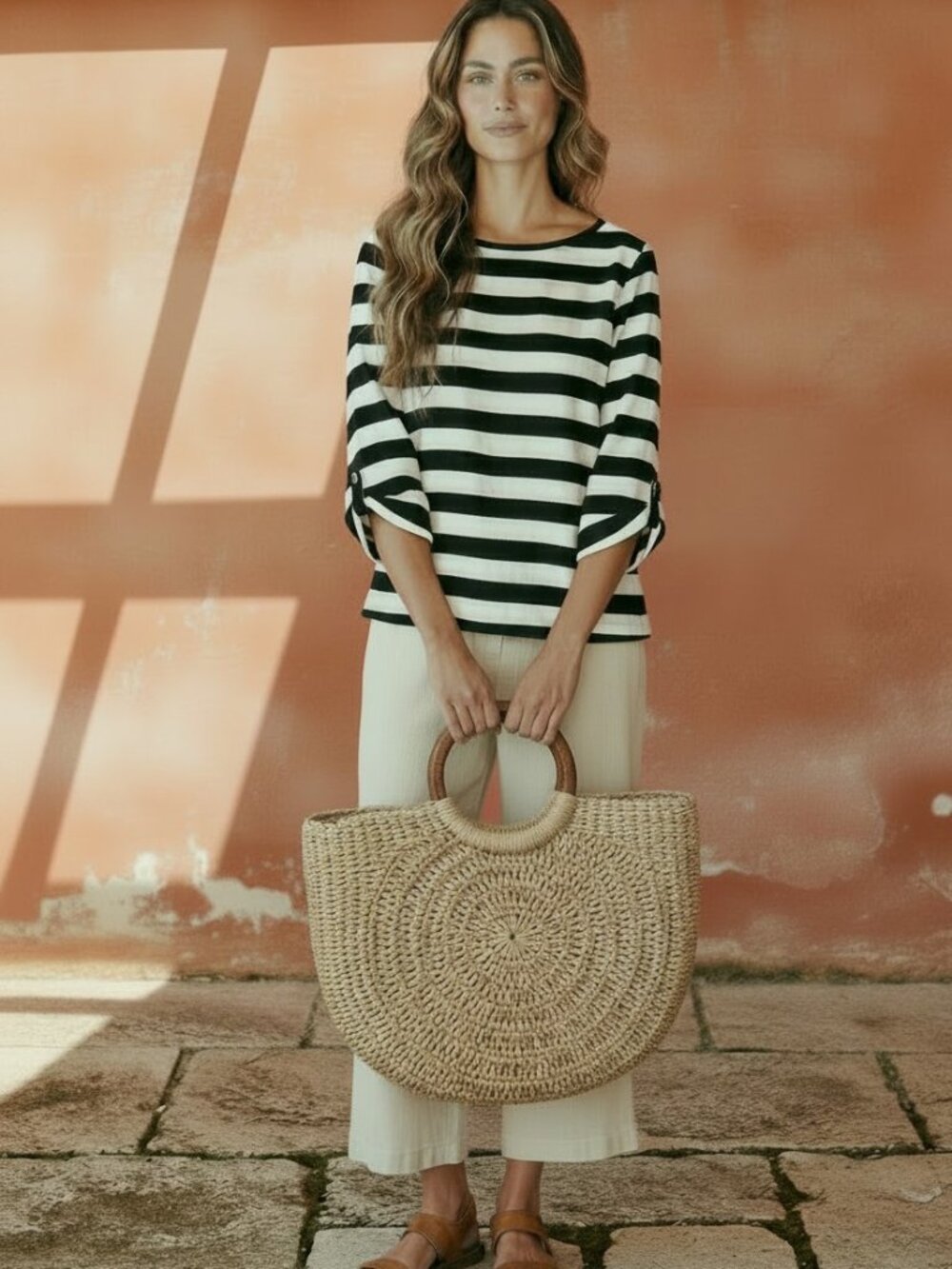 100% Linen ZARA Striped Top – Black & Ivory – Roll-Tab Sleeve – Size Medium